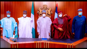 In this photo taken on September 16, 2021, President Buhari is flanked by Governor Buni and Governor Matawalle (to the left), as well as Mr Fani-Kayode and Mr Mustapha (to the right) at the Presidential Villa in Abuja