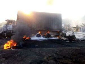 Photos from the scene of accident. 40-feet Container the Petroleum product Tanker rammed into along Omerelu-Owerri road,Rivers State.