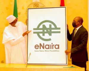 President Muhammadu Buhari and the Governor of the Central Bank of Nigeria, Godwin Emefiele during the launch of Nigeria's Digital Currency (CBDC), e-naira at Aso Rock presidential villa on Monday