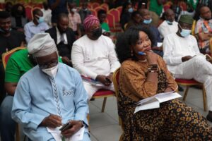 L-R: Femi Falana, Anike Ade Funke Treasure, Mr. Kunle Ajibade at the parley tagged 'One Year After #EndSARS, 35 years After Dele Giwa And The Quest To Remake Nigeria held at NECA House, Alausa, Ikeja in Lagos on Tuesday, 19 October 2021.
