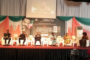 Panel of discussants at the parley tagged 'One Year After #EndSARS, 35 years After Dele Giwa And The Quest To Remake Nigeria held at NECA House, Alausa, Ikeja in Lagos on Tuesday, 19 October 2021.