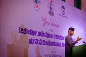 Vice President Osinbajo speaking during the launch of the report on the ‘Review of Baseline and Realignment of the National Statistical System with SDGs, 2020’ on Tuesday in Abuja