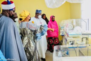 Princess Adejoke Orelope-Adefulire conducting Senate President Ahmad Lawan round the 120-bed Muhammadu Buhari Mother and Child Centre, Gashua, Yobe State