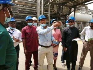 Dr Jossy Nkwocha, Head Corporate Communications and Special Adviser to the MD Indorama (right) and Engr. Charles Osuji explaining operations of plants to Journalists,