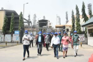 Dr Jossy Nkwocha, Head Corporate Communications and Special Adviser to the MD Indorama (right) and Engr. Charles Osuji explaining operations of plants to Journalists,