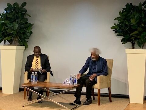 Professor Wole Soyinka and Wale Adebanwi during conversation at the the newly inaugurated Distinguished Lecture in African Studies at the University of Pennsylvania in the United States