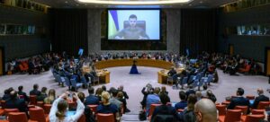 UN Photo A wide view of the Security Council Chamber as President Volodymyr Zelenskyy (on screen) of Ukraine, addresses the Security Council meeting on the situation in Ukraine.