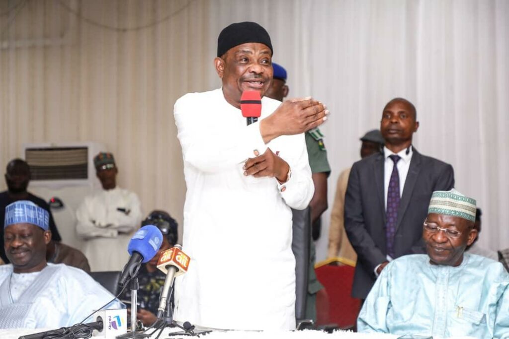 L-R: Former governor of Gombe State, Dr Ibrahim Hassan Dankwambo; Governor of Rivers State, Nyesom Ezenwo Wike and PDP chairman, Adamawa State, Tahir Shehu during Governor Wike's consultation meeting with PDP leaders and delegates in Yola, Adamawa State on Thursday.