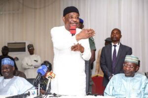 L-R: Former governor of Gombe State, Dr Ibrahim Hassan Dankwambo; Governor of Rivers State, Nyesom Ezenwo Wike and PDP chairman, Adamawa State, Tahir Shehu during Governor Wike's consultation meeting with PDP leaders and delegates in Yola, Adamawa State on Thursday.