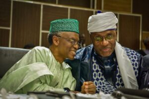 APC Presidential Aspirant, Rt Hon Chibuike Rotimi Amaechi (right) with Kaduna State Governor, Nasir El Rufai, during Amaechi’s consultative visit to Kaduna State APC delegates, Sunday.
