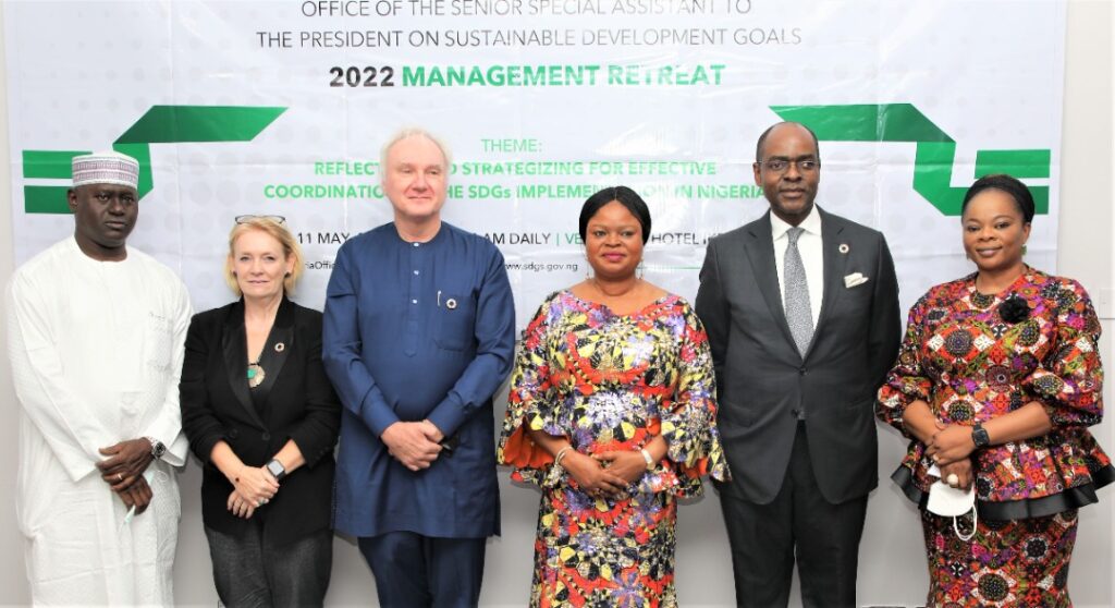 (L-R) Engr. Ahmad Kawu, Secretary of Programme, OSSAP-SDGs, Celine Lafoucriere, Chief of Field Office, Lagos and Akure, UNICEF, Matthias Schmale, UN Resident & Humanitarian Coordinator a.i., Princess Adejoke Orelope-Adefulire, Senior Special Assistant to the President on SDGs, Bolaji Balogun, Co-Chair, Private Sector Advisory Group on SDGs, Morris Atoki, PSAG at the 2022 Management Retreat by the Office of the Senior Special Assistant to the President on Sustainable Development Goals