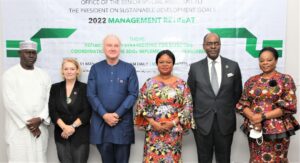 (L-R) Engr. Ahmad Kawu, Secretary of Programme, OSSAP-SDGs, Celine Lafoucriere, Chief of Field Office, Lagos and Akure, UNICEF, Matthias Schmale, UN Resident & Humanitarian Coordinator a.i., Princess Adejoke Orelope-Adefulire, Senior Special Assistant to the President on SDGs, Bolaji Balogun, Co-Chair, Private Sector Advisory Group on SDGs, Morris Atoki, PSAG at the 2022 Management Retreat by the Office of the Senior Special Assistant to the President on Sustainable Development Goals