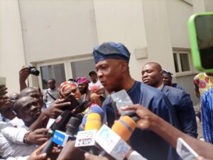 Saraki speaking to journalists in Abeokuta, Ogun State after meeting with PDP delegates