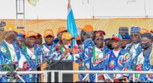 L-R: Lagos State Governor chairman, APC National Campaign Council for the Osun governorship election, Mr. Babajide Sanwo-Olu; APC National Secretary, Senator Iyiola Omisore; Kano State Governor and co-chairman of the campaign council, Dr. Abdullahi Ganduje; APC Vice Presidential candidate, Senator Kashim Shettima; Party’s National Chairman, Senator Abdullahi Adamu; APC Presidential candidate, Asiwaju Bola Tinubu; Osun State Governor and Party’s Governorship candidate, Mr. Gboyega Oyetola; the Senate President, Senator Ahmed Lawan and former interim National Chairman of APC, Chief Bisi Akande, during the final APC governorship mega rally for re-election of Oyetola, at the City Stadium in Oshogbo, on Tuesday, 12 July 2022.
