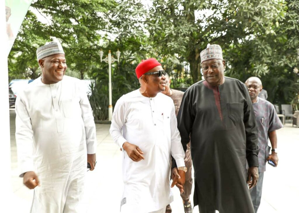L-R: Former Speaker, House of Representatives, Rt. Hon. Yakubu Dogara; Governor of Rivers State, Nyesom Ezenwo Wike and former Secretary to the Government of the Federation (SGF), Babachir Lawal during a visit to the governor's country home in Rumueprikom, Rivers State on Saturday.