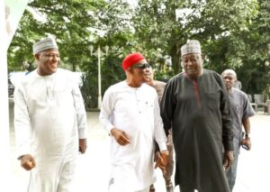 L-R: Former Speaker, House of Representatives, Rt. Hon. Yakubu Dogara; Governor of Rivers State, Nyesom Ezenwo Wike and former Secretary to the Government of the Federation (SGF), Babachir Lawal during a visit to the governor's country home in Rumueprikom, Rivers State on Saturday.