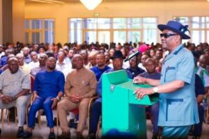 Governor Nyesom Wike addressing PDP stakeholders meeting at Government House Port Harcourt