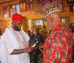 Deputy Speaker of the Imo State House of Assembly, Mr. Amarachi Iwuanyanwu. The lawmaker (left) with the picture he recently posted on his Instagram handle pictures of him being conferred with the chieftaincy title of the Amarachukwu of Nwangele by the 13 traditional rulers in the Nwangele local government area of the state.