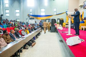 Keynote Speaker, Mr. Babatunde Fashola, SAN (right), delivering his address during the 5th Lagos State University (LASU) Research & Innovation Fair with the theme," Harnessing Sustainable Research and Innovation in Nigerian Universities towards National Growth and Development” at the Makanjuola Lecture Theatre, LASU, Ojo, Lagos on Tuesday, 12th September 2023
