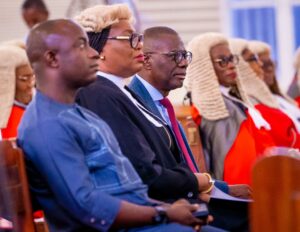 l-r: Special Adviser to Lagos State Governor (Christian Religion), Very Rev. Bukola Adebiyi; Solicitor General/Permanent Secretary, Ministry of Justice, Mrs Titilayo Shitta-Bey Williams and Governor Babajide Sanwo-Olu during a church thanksgiving service to mark the commencement of 2023/2024 New Legal Year at The Cathedral Church of Christ, Marina, on Monday, 25 September, 2023.