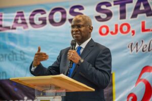 Keynote Speaker, Mr. Babatunde Fashola, SAN, delivering his address during the 5th Lagos State University (LASU) Research & Innovation Fair with the theme," Harnessing Sustainable Research and Innovation in Nigerian Universities towards National Growth and Development” at the Makanjuola Lecture Theatre, LASU, Ojo, Lagos on Tuesday, 12th September 2023