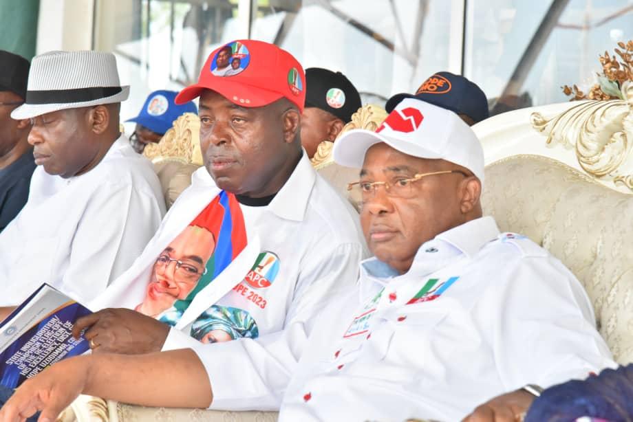 From right: Governor Hope Uzodimma, Convener of Imo Political Movement (IPM)/House of Representatives memberfor Ohaji/Egbema, Oguta/Oru West Federal Constituency, Hon. Eugene Dibiagwu and former Governor of Imo State, Chief Ikedi Ohakim, at the launch of IPM at the Rear Admiral Ndubuisi Kanu Square, Owerri... Saturday