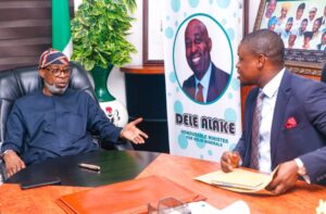 Mr. Habeeb Jaiyeola, Partner on Mining at Price WaterHouse Coopers during a courtesy visit to Minister of Solid Minerals Development, Dr. Dele Alake at the minister's office in Abuja