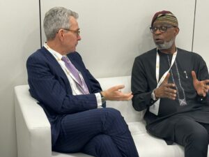 Minister of Solid Minerals Development, Dr. Oladele Alake with the United States Assistant Secretary for Energy & Natural Resources, Geoffrey Pyatt discussing at the Mines & Money conference in London