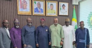 L-R, Babajide Ololajulo, Govt Relations Advisor, HEOSL; Adesola Adebawo, GM, Govt, JV, and External Relations, HEOSL; Ado Oseragbaje, CEO, HEOSL; Simbi Wabote, Executive Secretary, NCDMB; Akintunde Adelana, Director M&E, NCDMB; Umar Babangida, Director Legal, NCDMB, and Abdulmalik Halilu, Director Planning, Research and Statistics, NCDMB