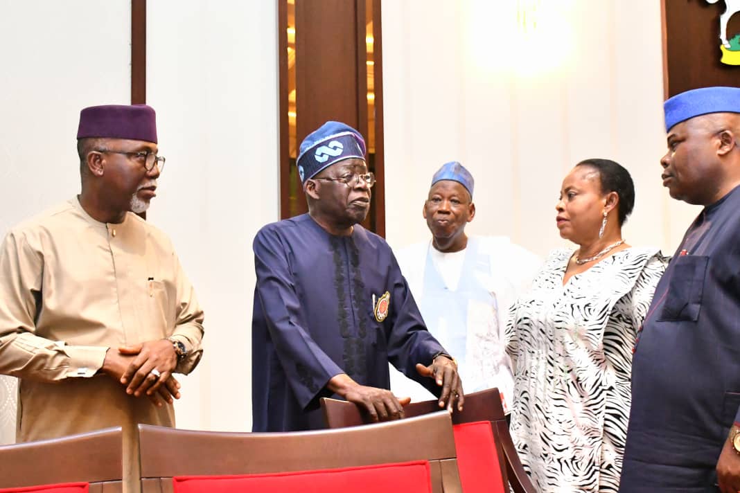 Deputy Governor of Ondo State, Mr Lucky Aiyedatiwa President Bola Ahmed Tinubu, APC National Chairman, Abdullahi Umar Ganduje, Secretary to the Government of Ondo State, Princess Oladunni Odu and Speaker Ondo State House of Assembly, Rt Hon. Oladiji Olamide during a reconciliation meeting on the political crisis between Governor Rotimi Akeredolu and his deputy at Presidential Villa Friday Night in Abuja.
