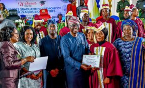 L-R: Permanent Secretary, Ministry of Women Affairs and Poverty Alleviation (WAPA), Mrs. Oluyemi Kalesanwo; WAPA Commissioner, Mrs. Cecilia Dada; Deputy Governor of Lagos State, Dr. Obafemi Hamzat; Governor Babajide Sanwo-Olu presenting a certificate to a graduand, Eniola Oshinaike and the Tutor General/Permanent Secretary, Education District II, Mrs. Anike Adekanye during the Y2022 graduation ceremony of 4,593 students of 19 Skill Acquisition Centres, at the De Blue Roof, Agidingbi, Ikeja, on Wednesday, 22 November 2023.