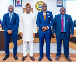 l-r: Mr. Olufemi Daramola as Special Adviser on Infrastructure; Deputy Governor of Lagos State, Dr. Obafemi Hamzat; Governor Babajide Sanwo-Olu and Mr. Biodun Ogunleye as Commissioner for Energy & Mineral Resources during the swearing in of the two new cabinet members at the EXCO chambers, Lagos House, Ikeja, on Wednesday, 06 December 2023.