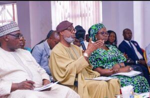 Honorable Minister of Solid Minerals Development, Dr. Dele Alake, accompanied by the Permanent Secretary, Ministry of Solid Minerals Development, Dr. Mary Ogbe and other Director Generals from the Ministry of Solid Minerals Development during the presentation of budget before the senate committee on Appropriation in Abuja, on Dec. 6, 2023.