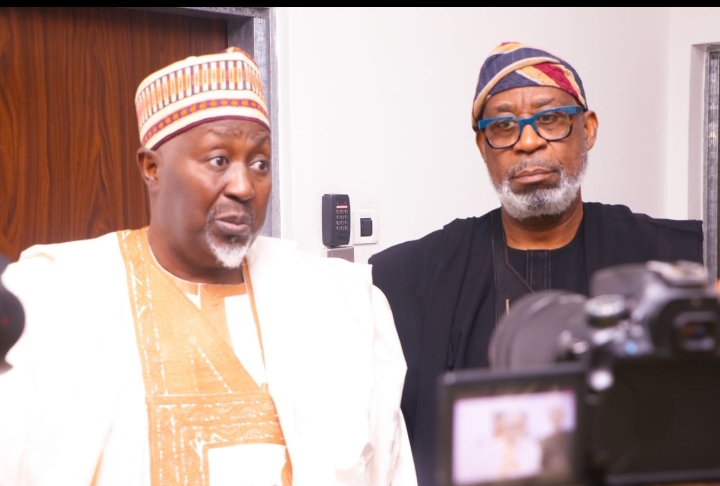 The Minister of Solid Minerals Development, Dr. Dele Alake (right) and the Minister of Defence, Abubakar Badaru, after a closed door meeting to finetune plans to secure mining areas on Dec. 14, 2023