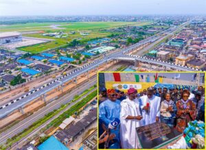 Aerial view of the Ikeja Overpass of the Lagos Rail Mass Transit (LRMT) Red Line project, commissioned on Tuesday, 19 December 2023. Inset (l-r): Speaker, Lagos State House of Assembly, Rt. Hon. Mudashiru Obasa; Governor Babajide Sanwo-Olu; his Kwara State counterpart and Chairman of Nigeria Governors’ Forum, Alhaji AbdulRahman AbdulRazaq; First Lady of Lagos State, Dr. (Mrs) Ibijoke Sanwo-Olu; wife of the Deputy Governor of Lagos, Mrs. Oluremi Hamzat and Special Adviser to Governor Sanwo-Olu on Transportation, Hon. Sola Giwa, during the commissioning.