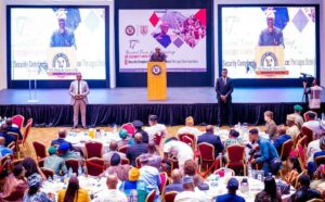 Governor of Lagos State, Mr. Babajide Sanwo-Olu addressing stakeholders during the 17th annual Town Hall meeting on Security with the Governor at the Eko Hotel and Suites, Victoria Island, on Tuesday, 12 December 2023.