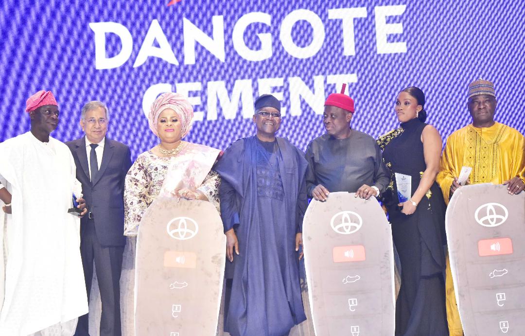 L--R, Former Minister of Industry, Trade & Investment, Otunba Niyi Adebayo, Dangote Cement Plc, New Share Holder, Femi Otedola, Chairman Dangote Cement plc, Aliko Dangote, Former Ekiti State Governor, Dr. Kayode Fayemi, at the Dangote Cement plc, Distributors Awards Nite in Lagos on Friday 26th January 2024.