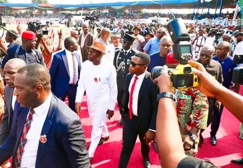 Governor Siminalayi Fubara of Rivers State walking into the Dan Anyiam Stadium in Imo State for swearing in of Governor Hope Uzodimma and his deputy.