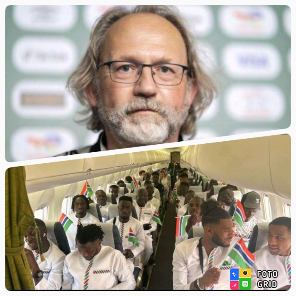 The Gambian National Football Team on Air to Abidjan Yesterday , top, and The Gambian Head Coach, Tom Saintfiet