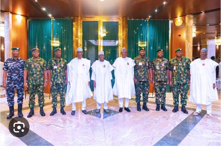President Tinubu and security chiefs and heads of intelligence agencies at a Presidential Security Briefing