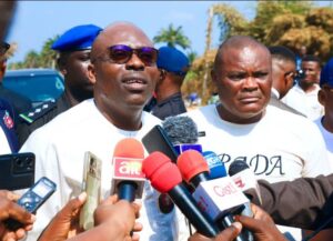 Gov. Siminalayi Fubara addressing the press after inspecting the Etche-Igbodo road on Tuesday