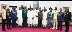 L-R: Governor of Lagos State represented by his Deputy Chief of Staff, Mr. Gboyega Soyannwo (sixth left); Commander 9 Brigade of the Nigerian Army, Ikeja Cantonment, ,Brig. General Adegoke Adetuyi (fifth left); Chairman, APC Lagos, Hon. Cornelius Ojelabi (fourth left); Commissioner for Home Affairs, Hon. Olanrewaju Layode (middle); Chairman, Nigerian Legion Lagos State Council, DCG Akeem Wolimoh (sixth right); member, Lagos House of Assembly, Hon. Jubreel Abdulkareem (fifth right); Permanent Secretary, Public Service Office, Mrs. Olasunkanmi Ouegbola (fourth right) and other Heads of Security Agencies in Lagos, during the Y2024 Armed Forces Remembrance Thanksgiving Service at the Chapel of Christ The Light, Alausa, Ikeja, on Sunday, 14 January 2024.