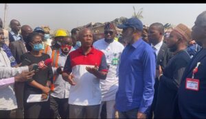 The Minister of Solid Minerals Development, Dr. Dele Alake at the scene of the explosion in Ibadan, the Oyo State capital, being briefed by Oyo State disaster management officials led by Prof. Tope Alonge. 22nd January, 2022