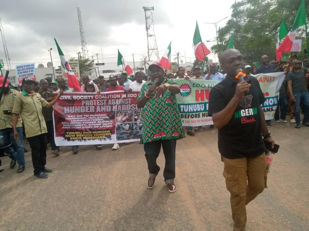 Edo NLC chairman, Odion Olaye (with microphone) leading the protest