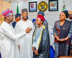 Deputy Governor of Lagos State, Dr. Obafemi Hamzat; President, Nasrul-Lahi-L-Fatih Society (NASFAT), Alhaji Abdulwahid Abdul-Rauf; NASFAT Chief Missioner, Imam Abdul-Azeez Onike and the Permanent Secretary, Ministry of Home Affairs, Mrs. Lolade Aina during courtesy call by NASFAT EXCOs at the Lagos House, Alausa, Ikeja, on Tuesday, 27 February 2024.
