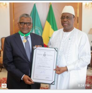 President/Chief Executive, Dangote Industries Limited, Aliko Dangote and President of Senegal, Macky Sall during the conferment of the award of Commander of National Order of the Lion to Aliko Dangote in Senegal on Friday, February 2, 2024.