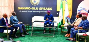 Governor of Lagos State, Mr. Babajide Sanwo-Olu (middle) answering questions from journalists (from left): Mr. Geoffrey Uzono, Programme Presenter/Producer, Channels TV; Dr. Reuben Abati of Arise TV; Sola Kosoko, General Manager, LTV and Mr. Babajide Otitoju, Controller, Current Affairs, TVC, during a media chat tagged 'Sanwo-Olu Speaks', at the Lagos House, Marina, on Thursday, 22 February 2024
