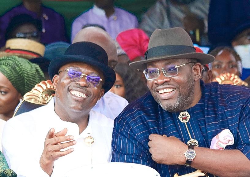 Governor Siminalayi Fubara and former governor of Bayelsa State, Sen. Seriake Dickson at Gov. Diri's inauguration on Wednesday