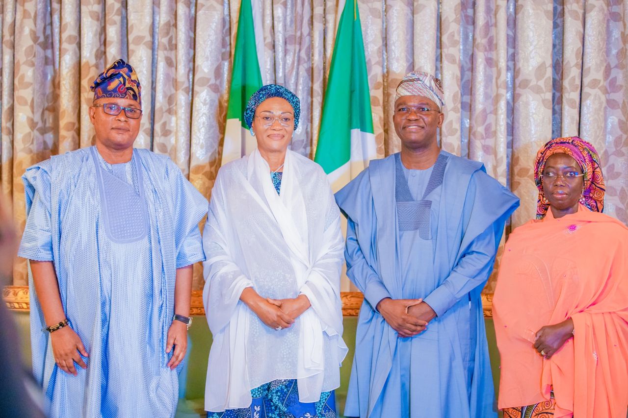 From left: Senator representing Lagos Central and Chairman Senate Committee on Marine Transport, Senator Wasiu Eshinlokun Sanni, The First Lady of the Federal Republic of Nigeria Senator Oluremi Tinubu, CON, Senator representing Lagos East and Chairman Senate Committee on Banking and Finance, Senator Adetokunbo Abiru and Senator representing Lagos West and Chairman Senate Committee on Social Welfare and Poverty Alleviation Senator Oluranti Adebule when they paid a courtesy visit to the First Lady at her office at the State House, Abuja on Thursday 14th March, 2024.