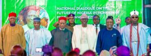 Retired Major General Ike Nwachukwu; Senator Aminu Tamabuwal; former Commonwealth Secretary General, Chief Emeka Anyaoku; Governor of Lagos State, Mr. Babajide Sanwo-Olu; former Governor of Akwa Ibom State, Arc. Victor Attah and representative of Ooni of Ife, Oba Adeyeye Enitan Ogunwusi during the National Dialogue on the Constitutional Future of Nigeria in honour of Prof. Ben Nwabueze themed: Lawful Procedures for Actualizing a People’s Constitution for Nigeria, at the Nigerian Institute for International Affairs (NIIA), Victoria Island, on Monday, 18 March 2024.